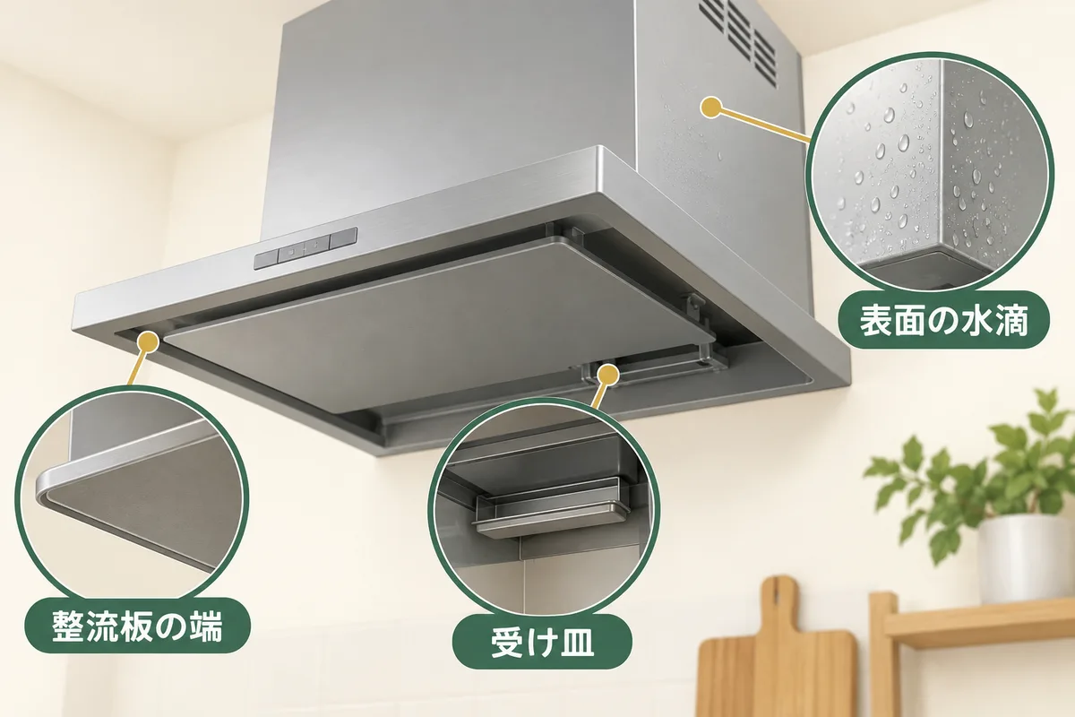 整流板の端、油の受け皿、フード表面の水滴を位置別に示す図