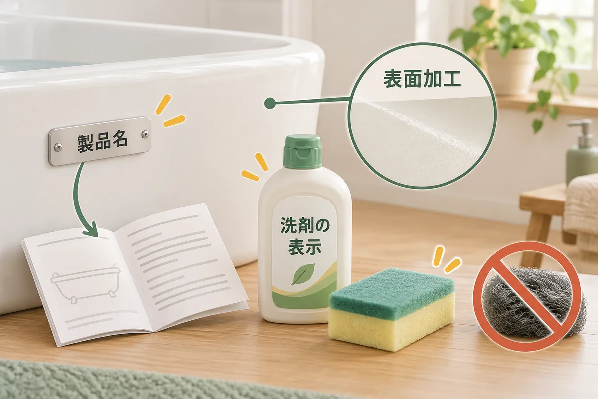 浴槽の製品名、使える洗剤、研磨可否を順に照合する図