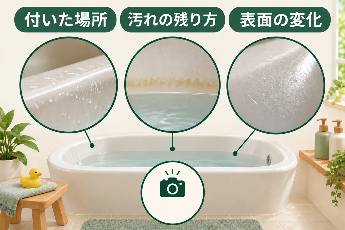 水面付近の帯状の汚れ、縁の白い点、つやが失われた面を並べた図