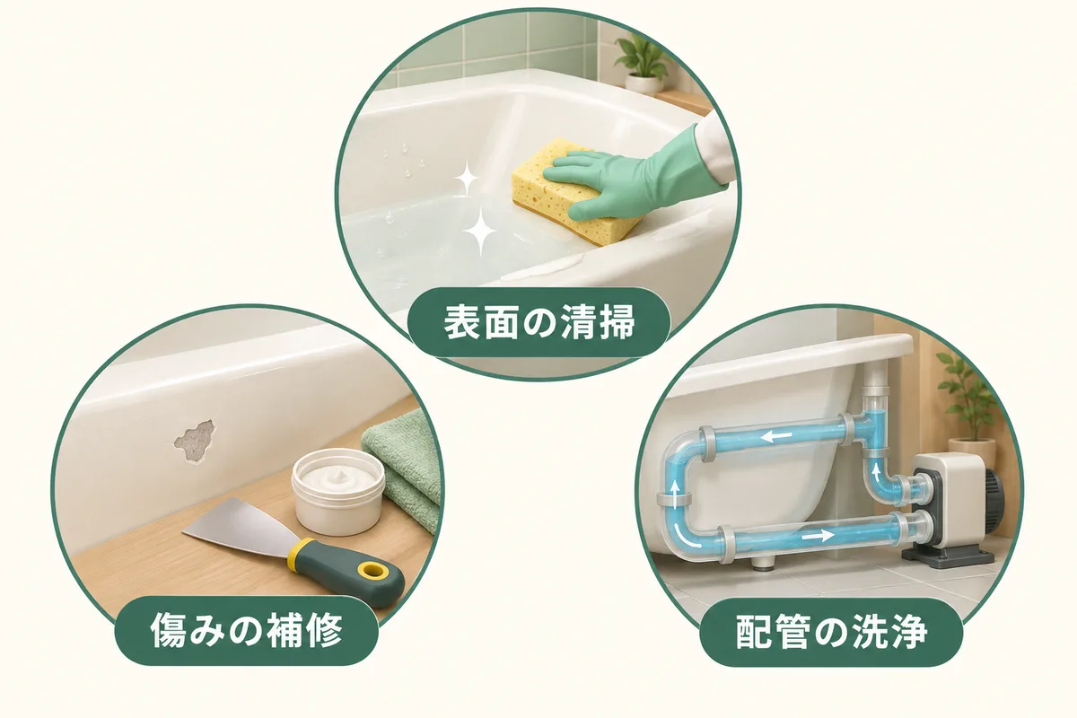 浴槽の洗浄、表面の補修、配管洗浄を三つの別作業として示す図