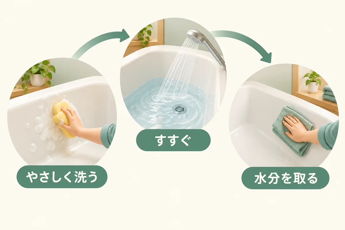 洗剤と柔らかいスポンジ、すすぎ、水分の拭き取りを並べた図