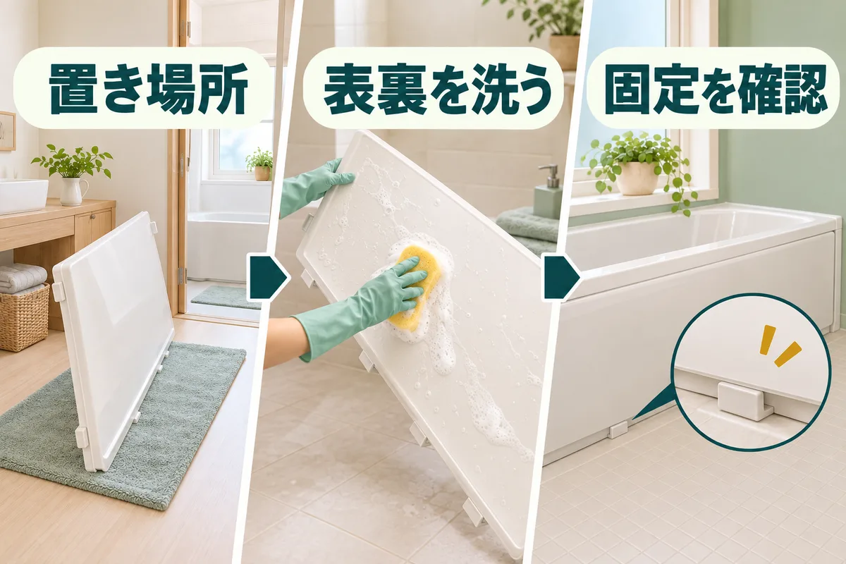エプロンを安全な場所に置き、柔らかいスポンジで洗い、固定を確認する図