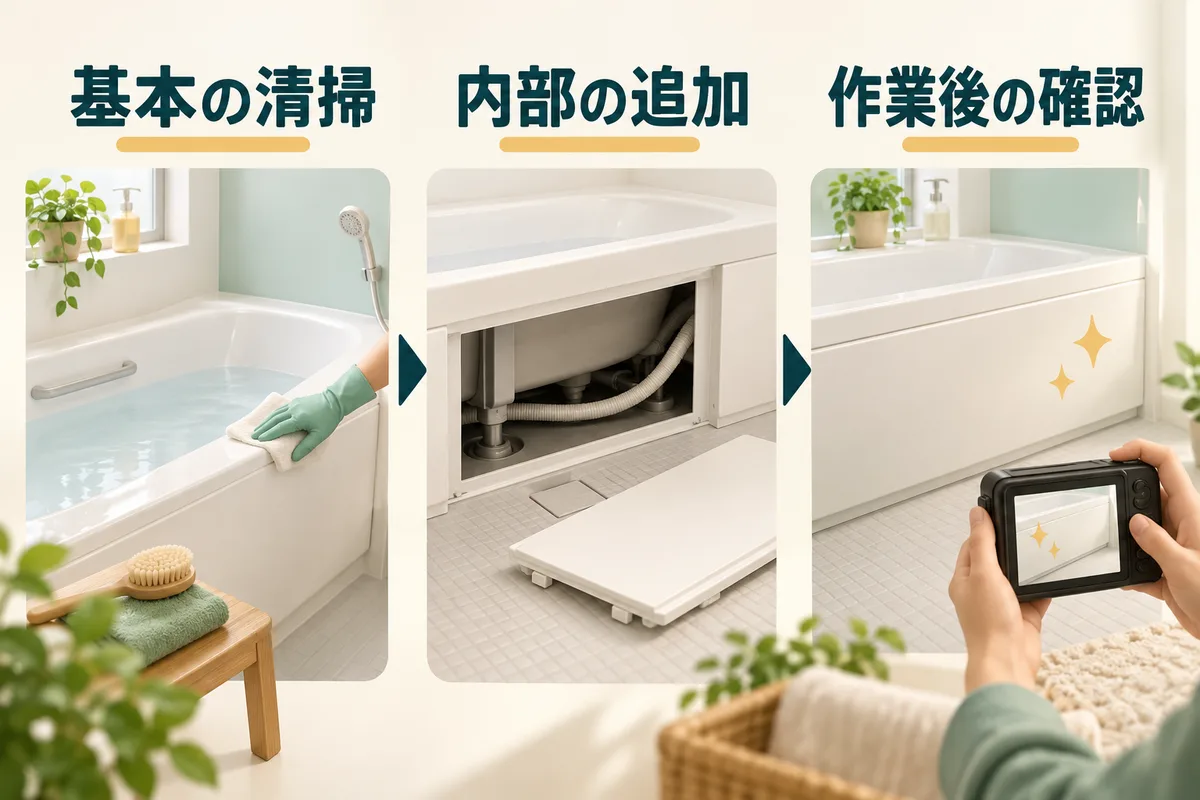 見積書で基本清掃とエプロン内部追加を分け、作業前後の確認につなぐ図