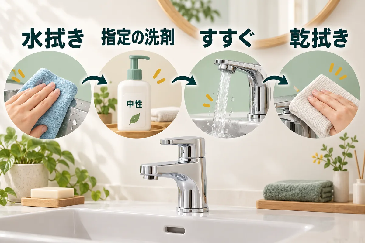 柔らかい布での水拭き、許可された中性洗剤、すすぎと乾拭きの手順図
