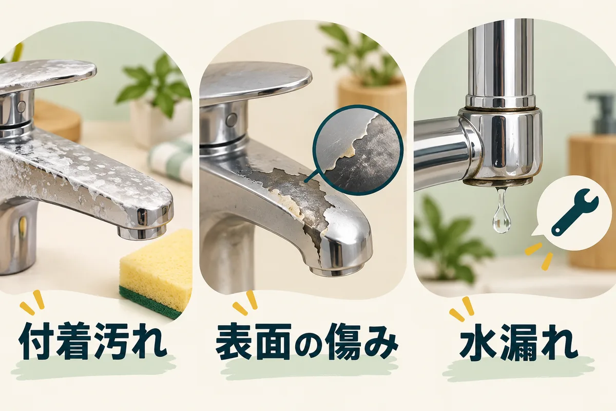 蛇口の付着汚れ、表面の傷み、接続部の漏れを別の相談カードに整理した図
