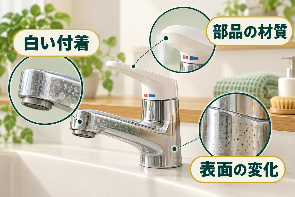 蛇口の水滴跡、樹脂ハンドル、メッキの黒い斑点を分けて観察する図