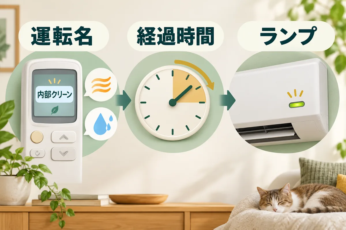 運転名、経過時間、本体ランプを順に確認する図
