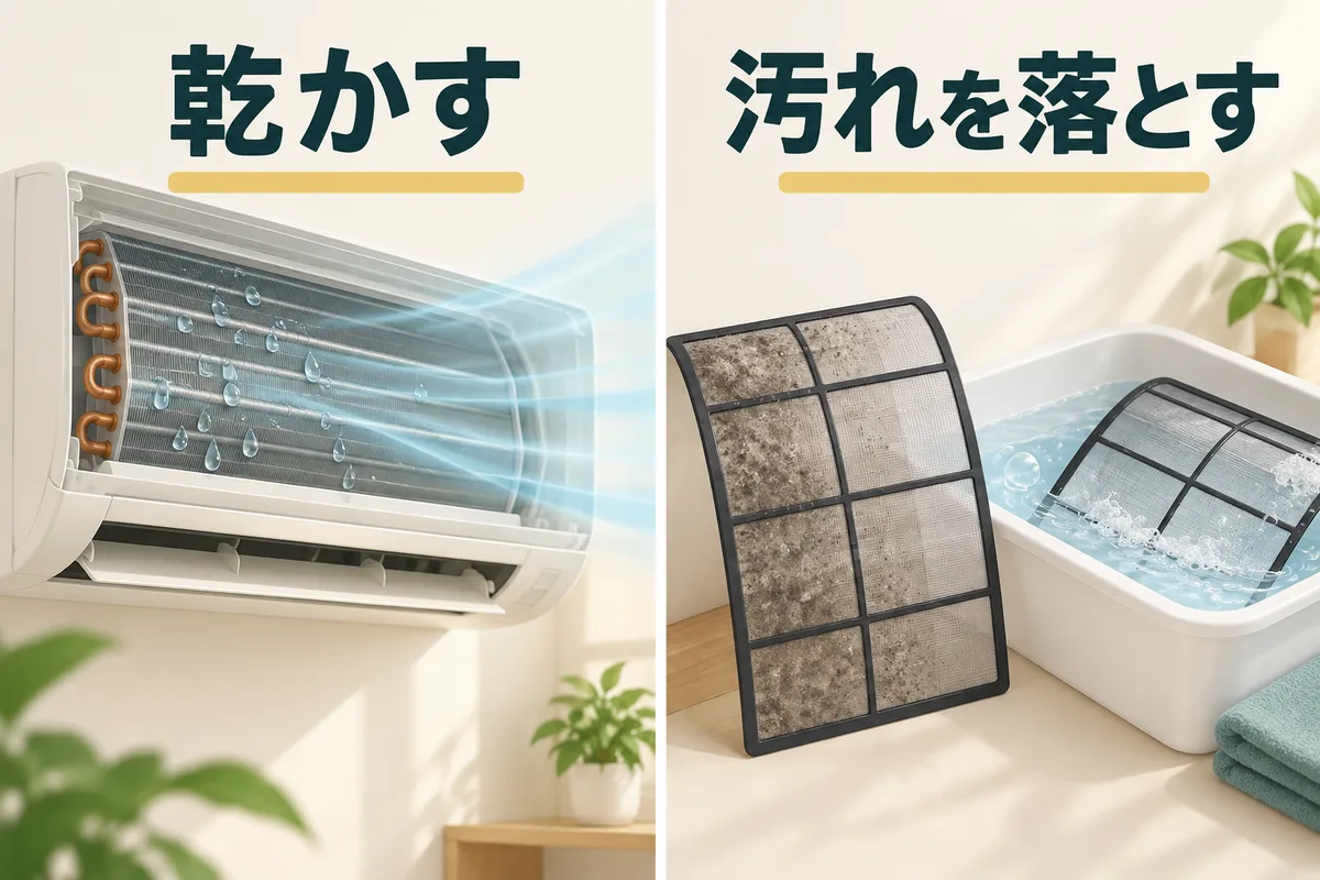冷房後の水分を乾かす運転と、付着した汚れを落とす洗浄を分けた図