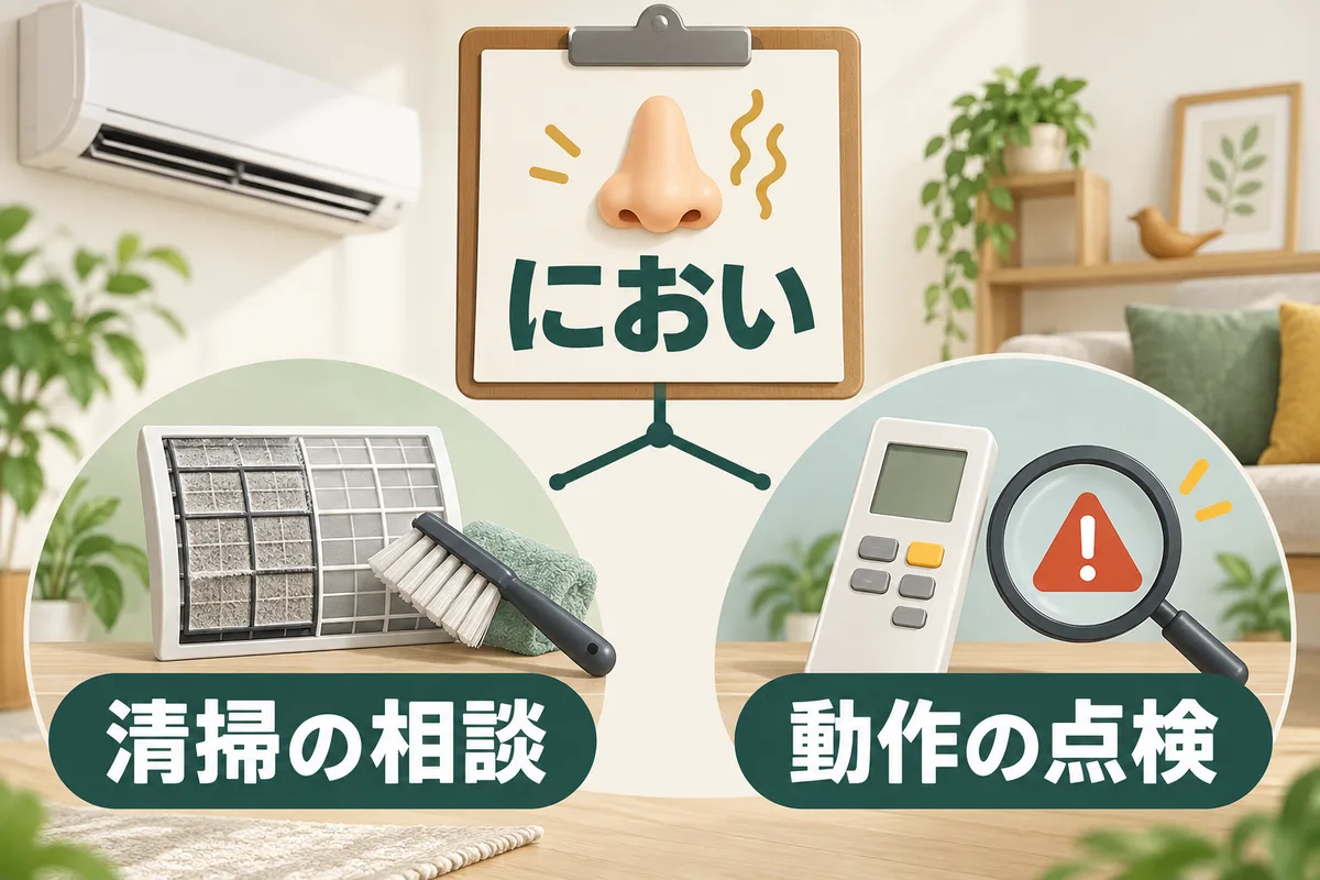 においの記録からフィルター手入れ、内部洗浄相談、機器点検へ分かれる図