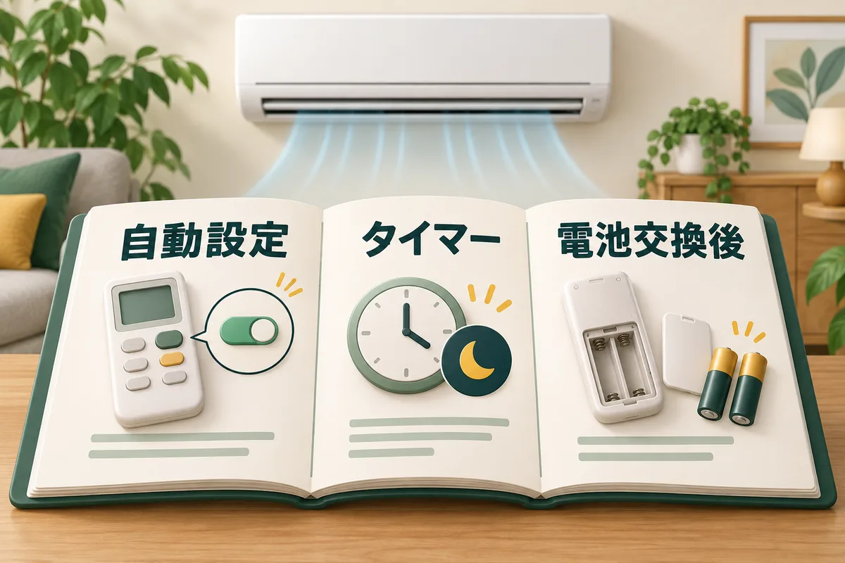 自動設定、タイマー停止、リモコンの電池交換後の設定確認を示す図
