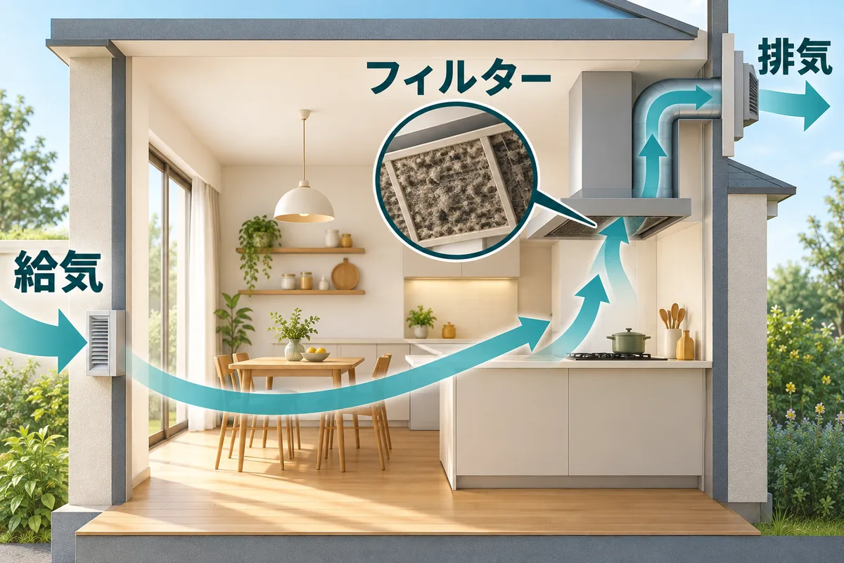 レンジフードへ入る空気、目詰まりしたフィルター、給気口を区別した図