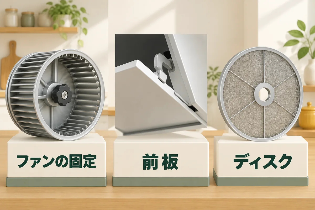 ファンの固定つまみ、前板の留め具、ディスク式の部品を別々に示す図