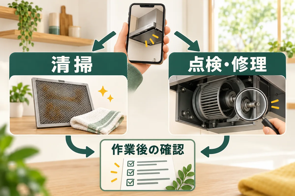 油汚れの清掃と機器の点検を分けた依頼書、作業後の確認を描いた図
