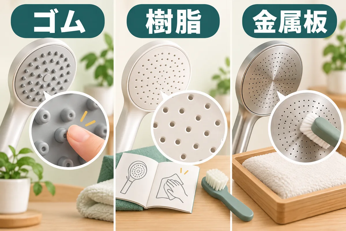 ゴム穴を指でこする方法、指定樹脂穴の手入れ、金属プレートを柔らかいブラシで洗う方法を分けた図