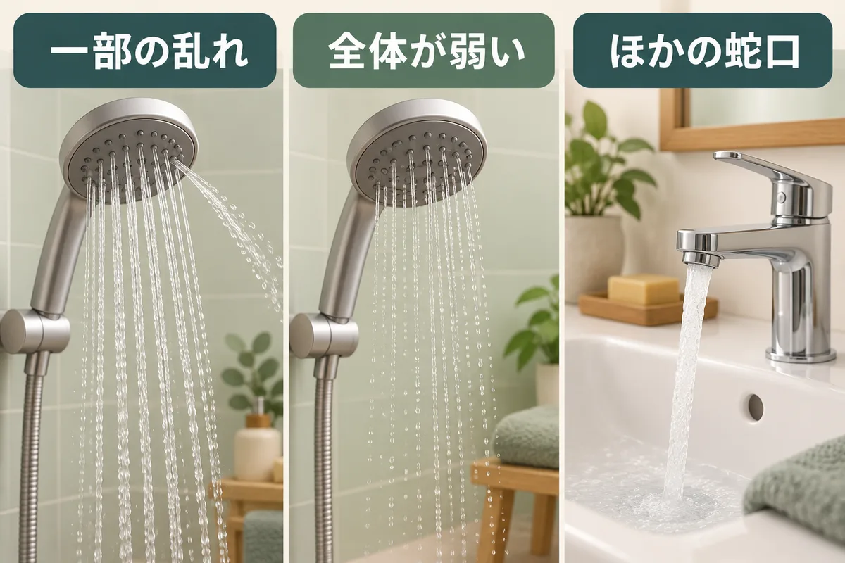 一部だけ斜めに出るシャワー、全体が弱いシャワー、ほかの蛇口の確認を分けた図