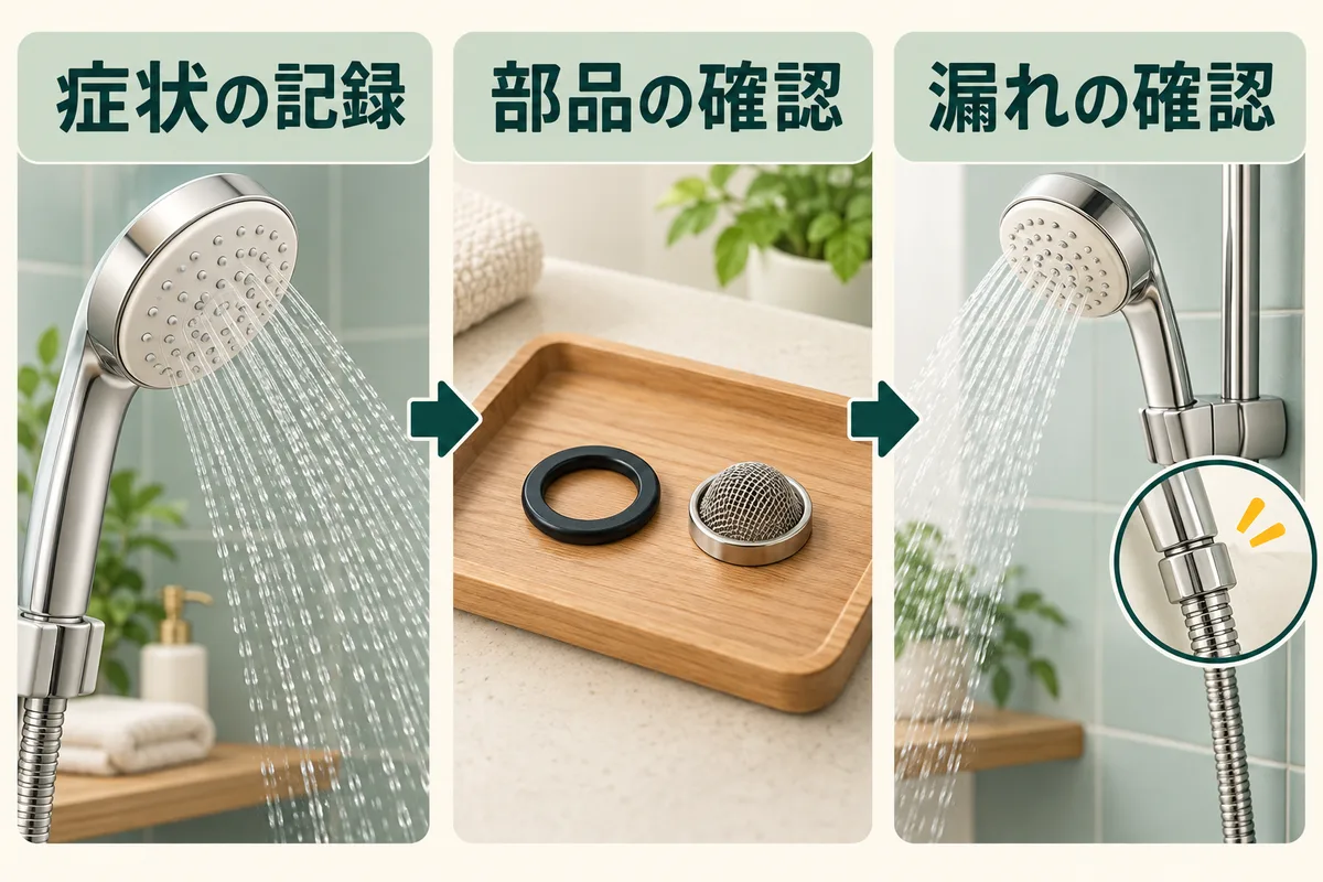 水流の記録、外した部品の確認、清掃と機器点検の相談を示す図