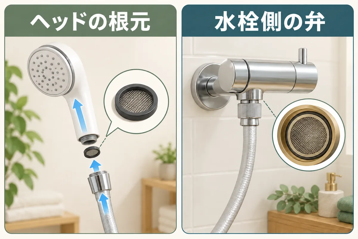 ヘッド根元の網と、水栓側の減圧弁にある網の位置を分けた概念図