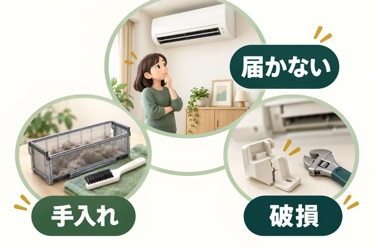 手が届かない位置、回収箱の手入れ、部品の破損を分けた相談図