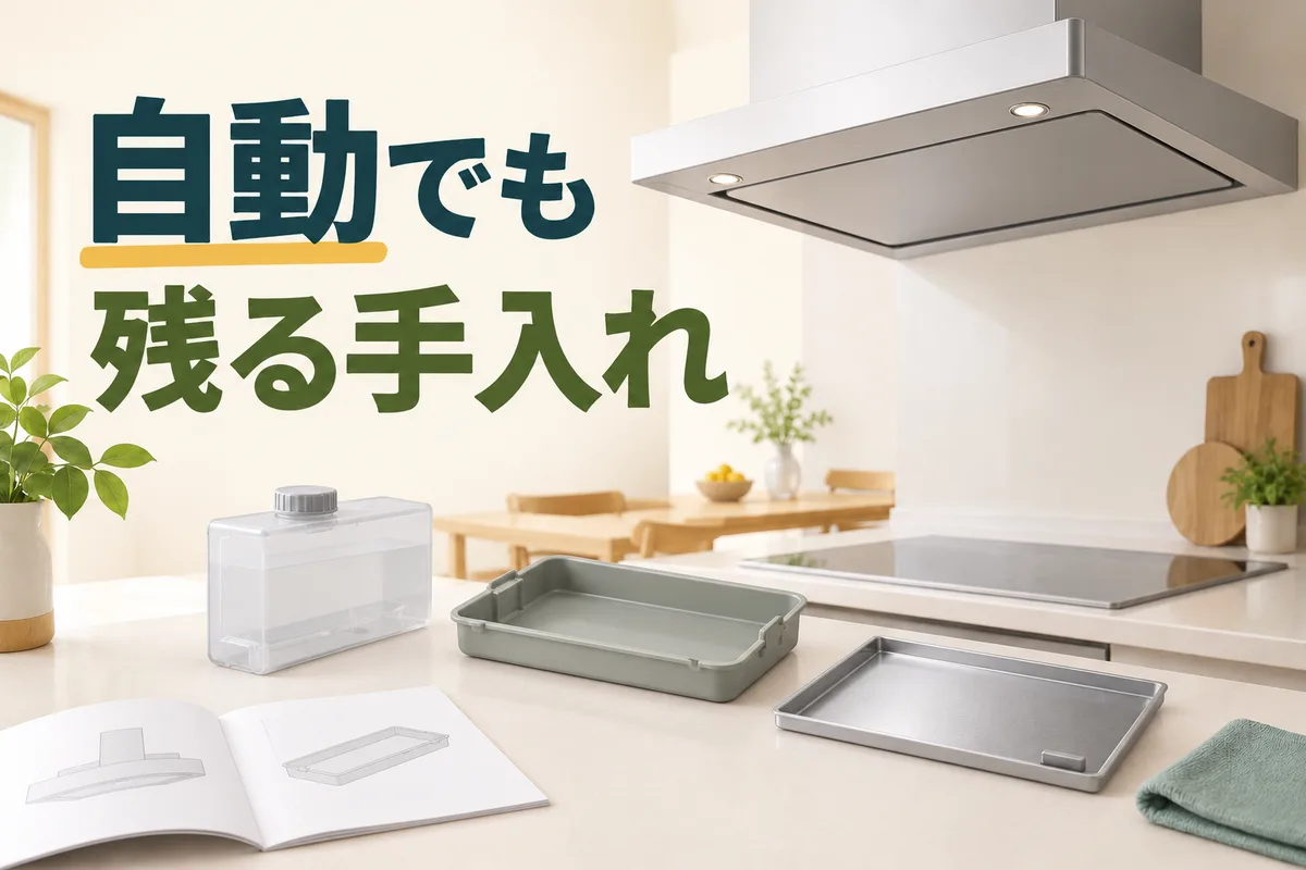 自動洗浄レンジフードのトレイとプレートを確認するイラスト