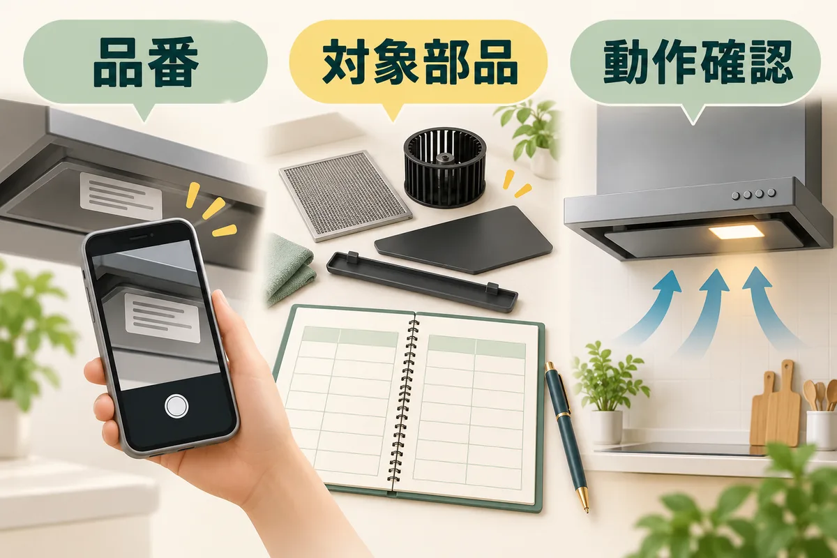 型番の写真、清掃対象の部品、作業後の動作確認を並べた図