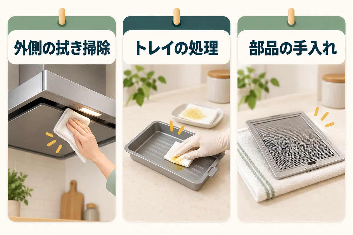 整流板の日常清掃、トレイ処理、プレート清掃を別々の予定として描いた図