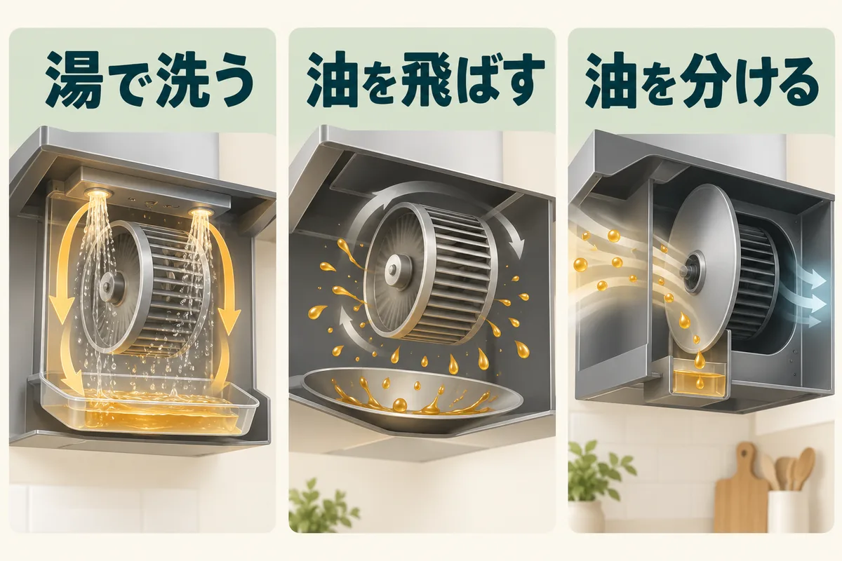 お湯洗浄、ファンの油飛ばし、入口で油を分離する三つの概念図