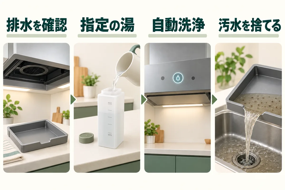 排水トレイの確認、指定の湯の補給、自動洗浄、汚水処理を分けた四段階の概念図