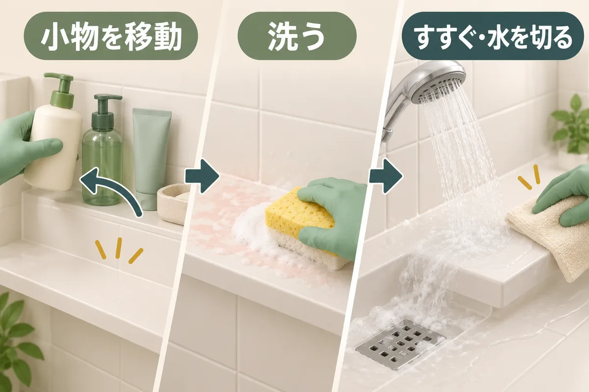 小物を移動し柔らかいスポンジで洗い、すすいで水気を取る手順図