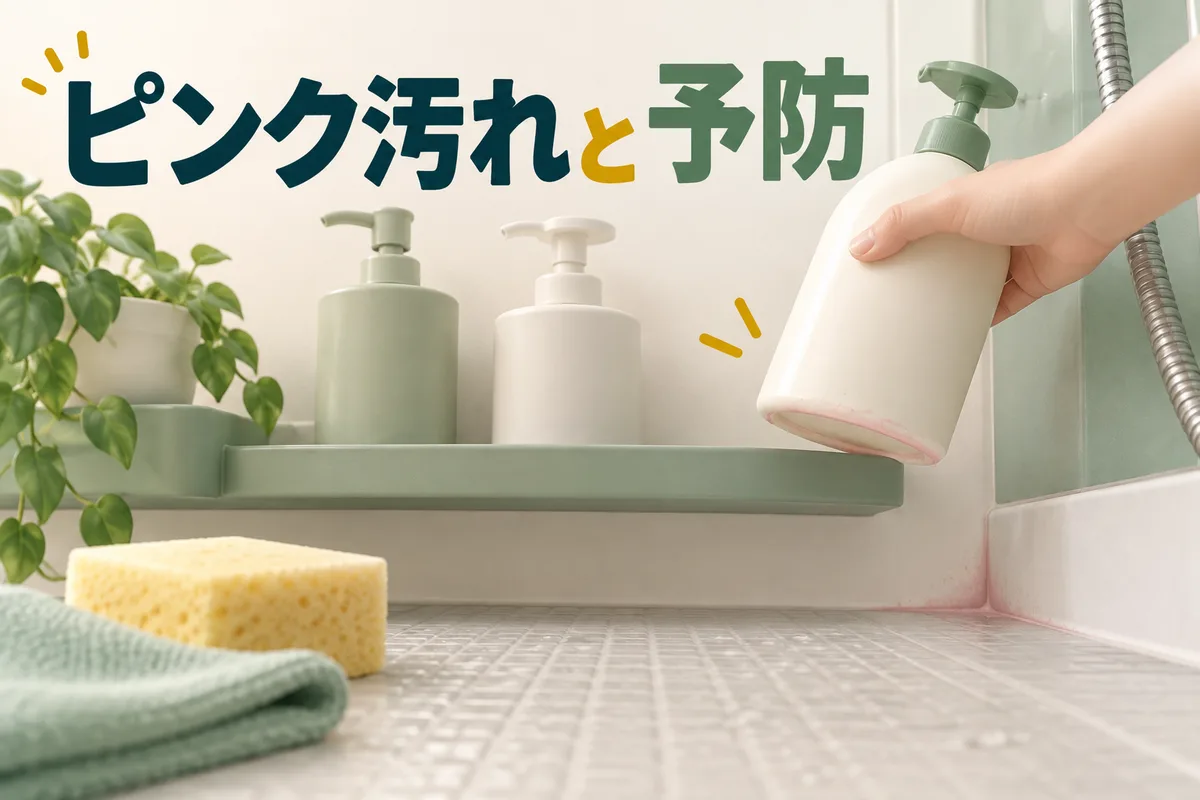 浴室のボトルの底と床の隅にあるピンク汚れを確認するイラスト