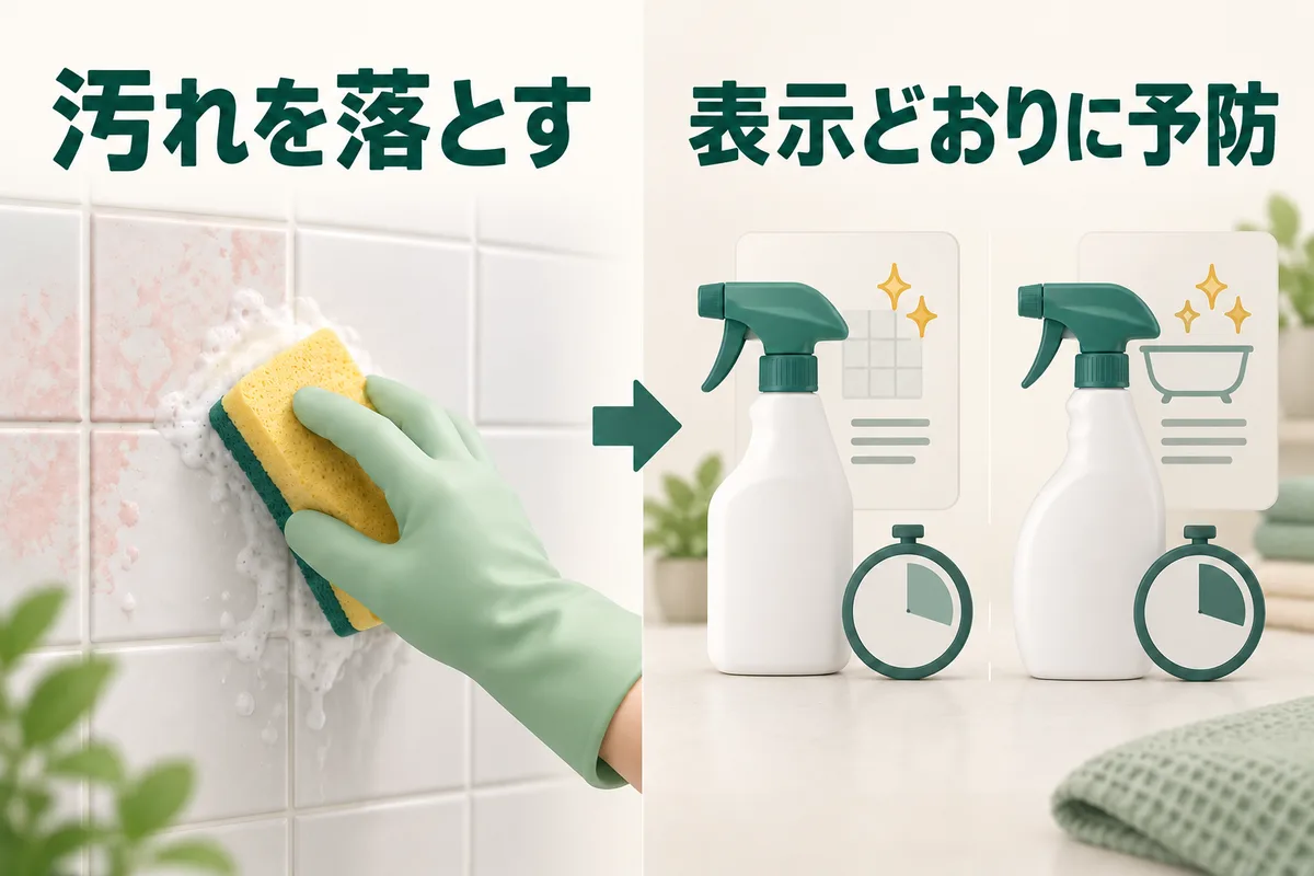既存汚れを落とした後に製品ごとの表示を確認して予防する図