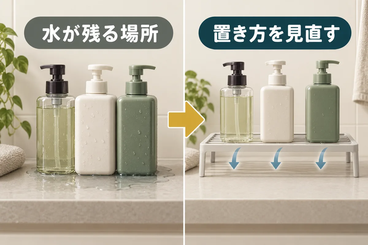 水がたまるボトル置き場と水切りをした置き方を対比した図