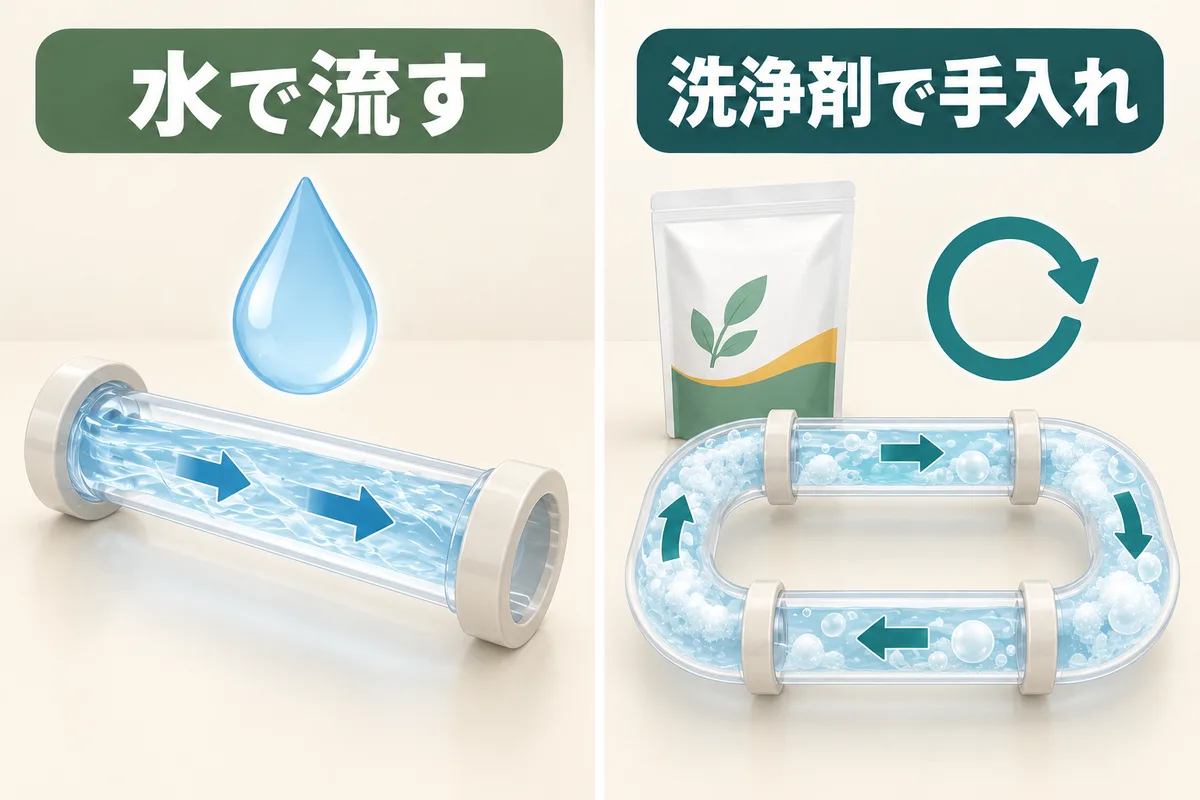 水を流す日常の機能と洗浄剤を循環させる手入れを、透明な配管模型で比較した概念図