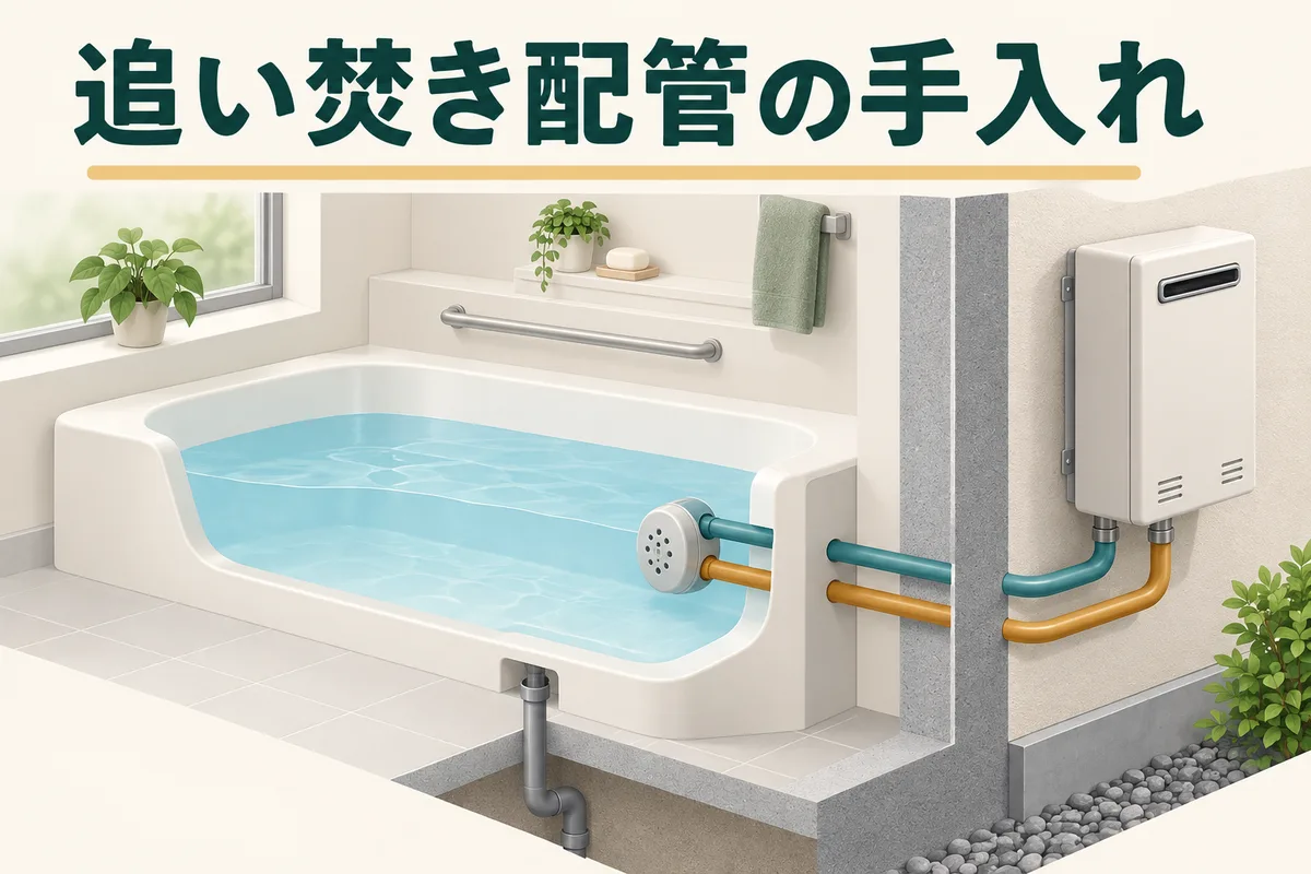 浴槽の循環口と給湯器をつなぐ追い焚き配管の概念イラスト