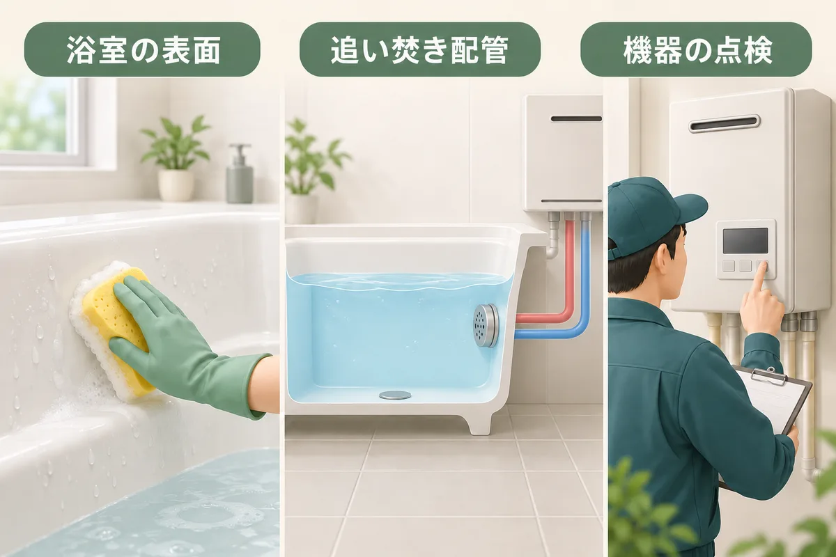 浴室表面清掃と追い焚き配管洗浄、機器点検を分けた比較図