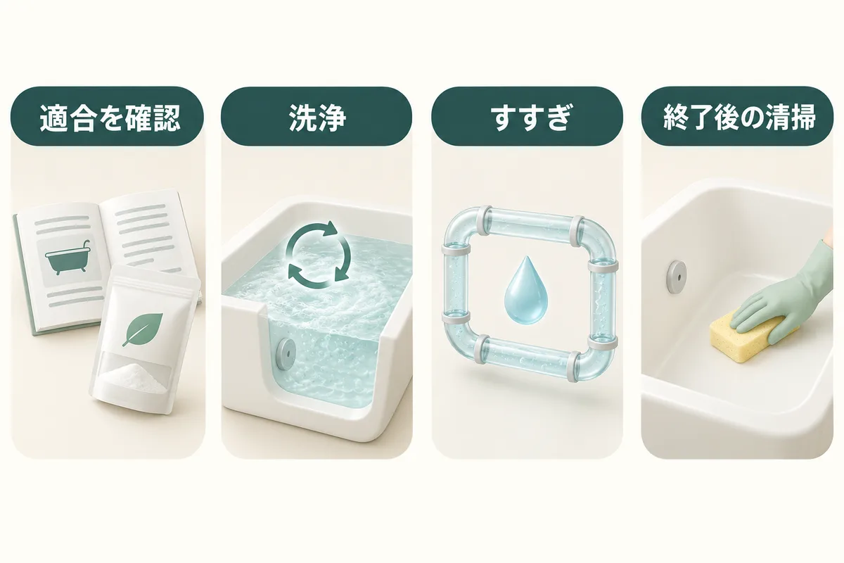 型番と洗剤表示の照合から洗浄、すすぎ、終了後の浴槽清掃へ進む手順図