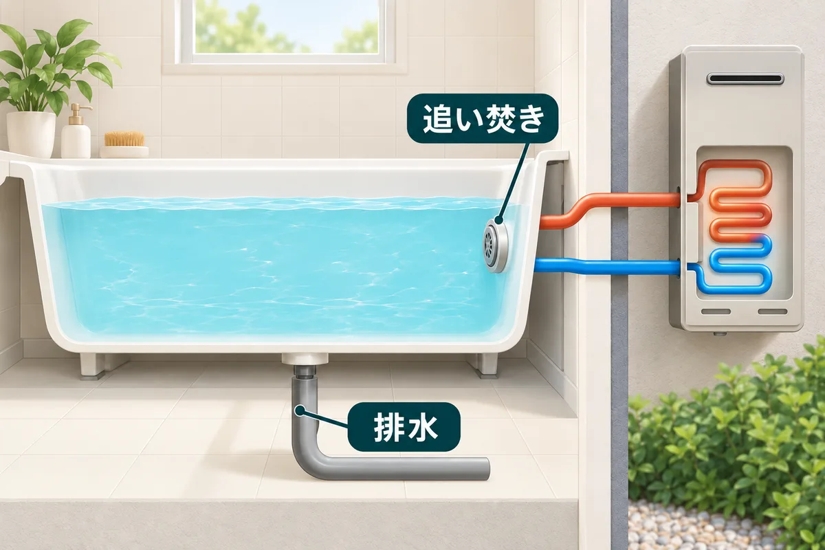 追い焚きの往復配管と床へ流れる排水を別の色で描いた図