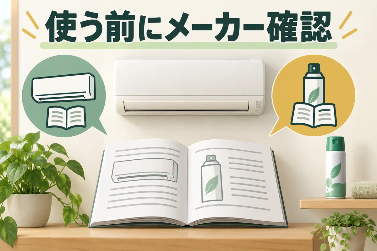 エアコンと洗浄剤の表示を説明書と照合するイラスト