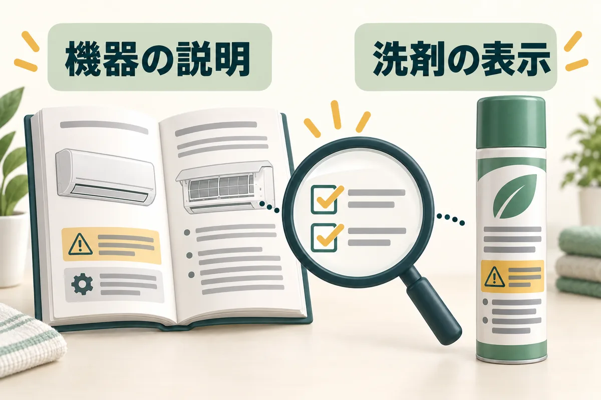 洗剤の使用対象とエアコンの説明書を左右に置いて確認する図
