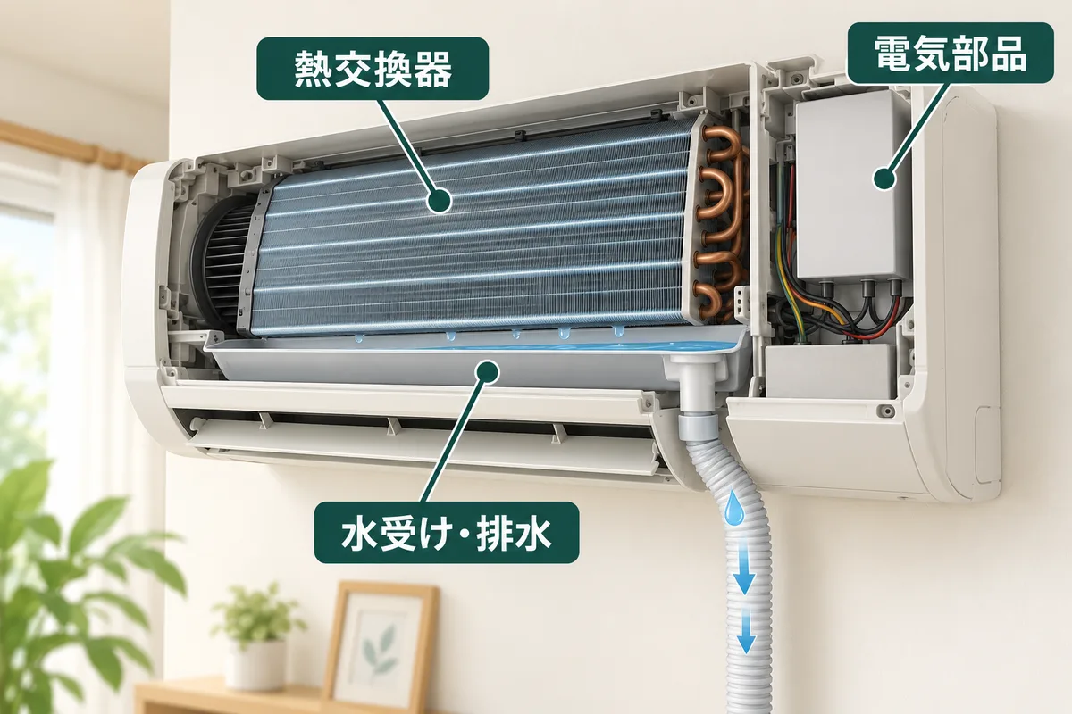 熱交換器、水受け、排水ホースと近くの電気部品の位置関係を示す概念図