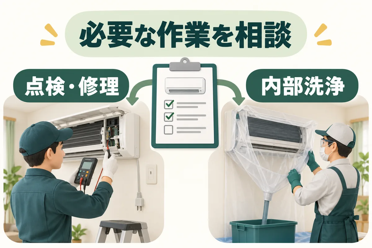 点検が先か清掃が先かを分け、作業後の確認へつなぐ図