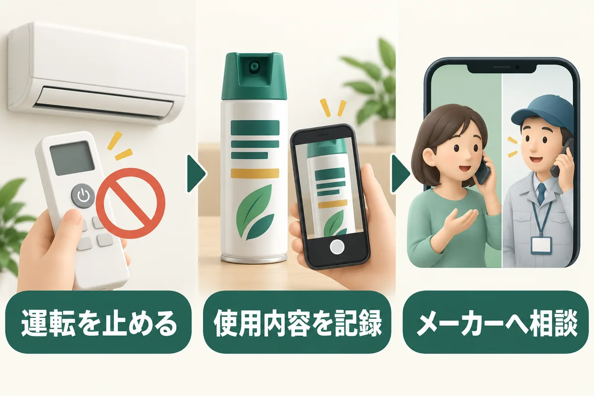 運転停止、製品ラベルと使用場所の記録、メーカーへの相談を示す図