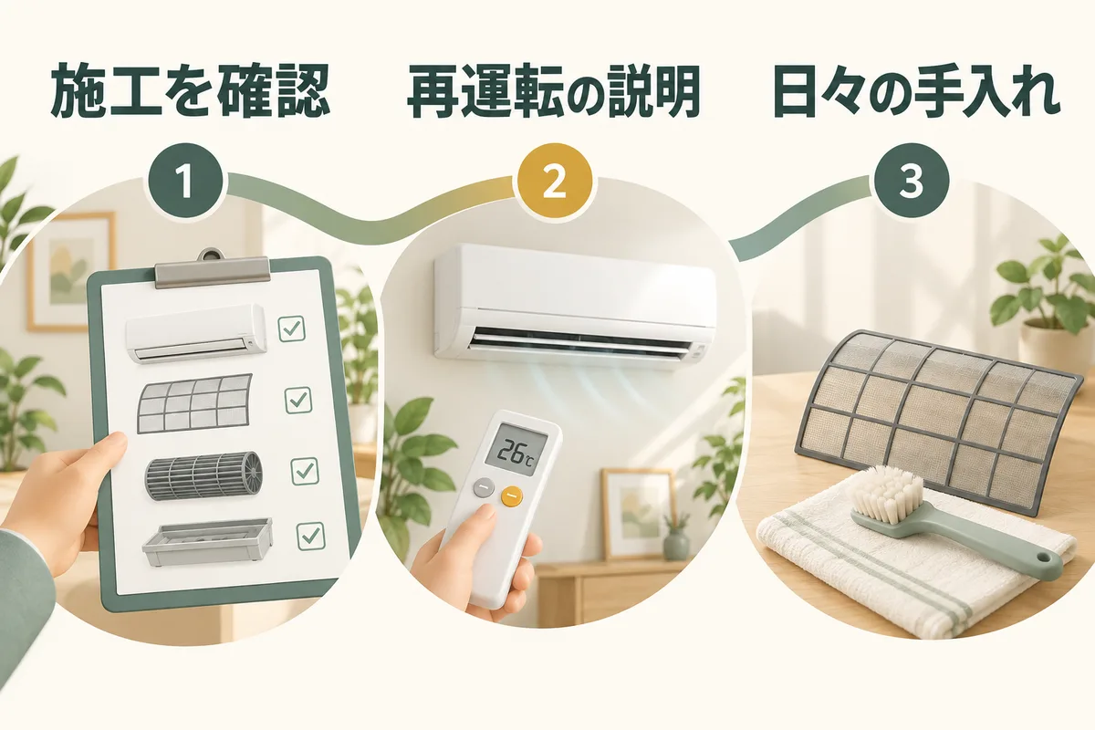作業報告、運転再開、フィルター手入れへ進む三段階の図