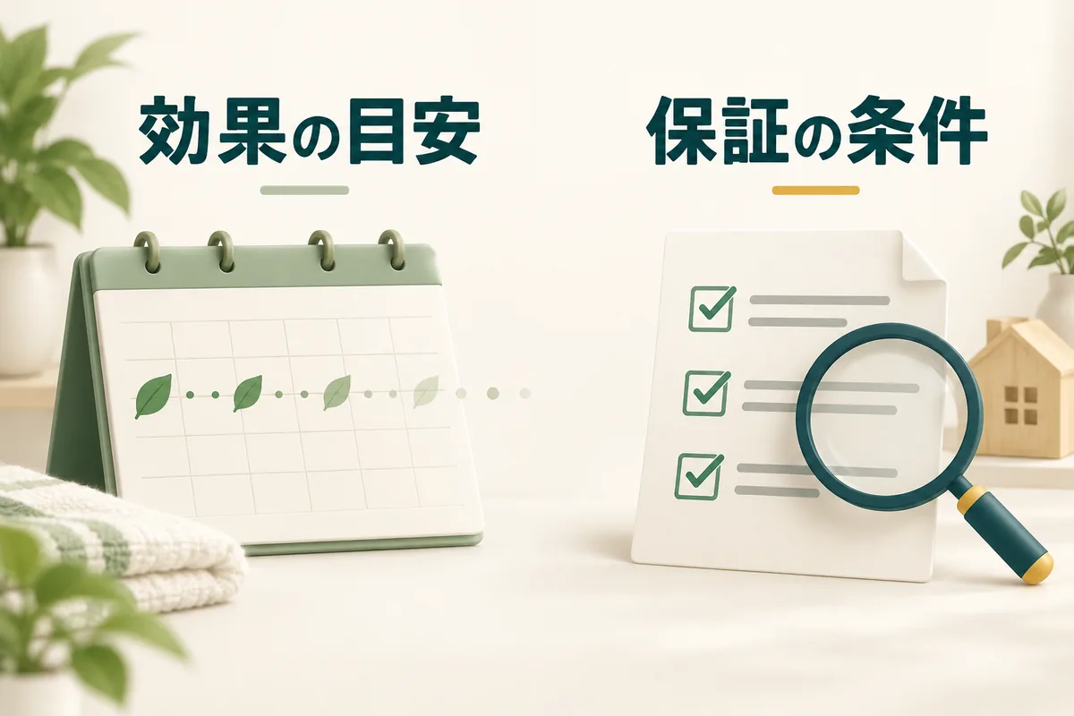 効果の目安を示す時間軸と保証書を分けた図