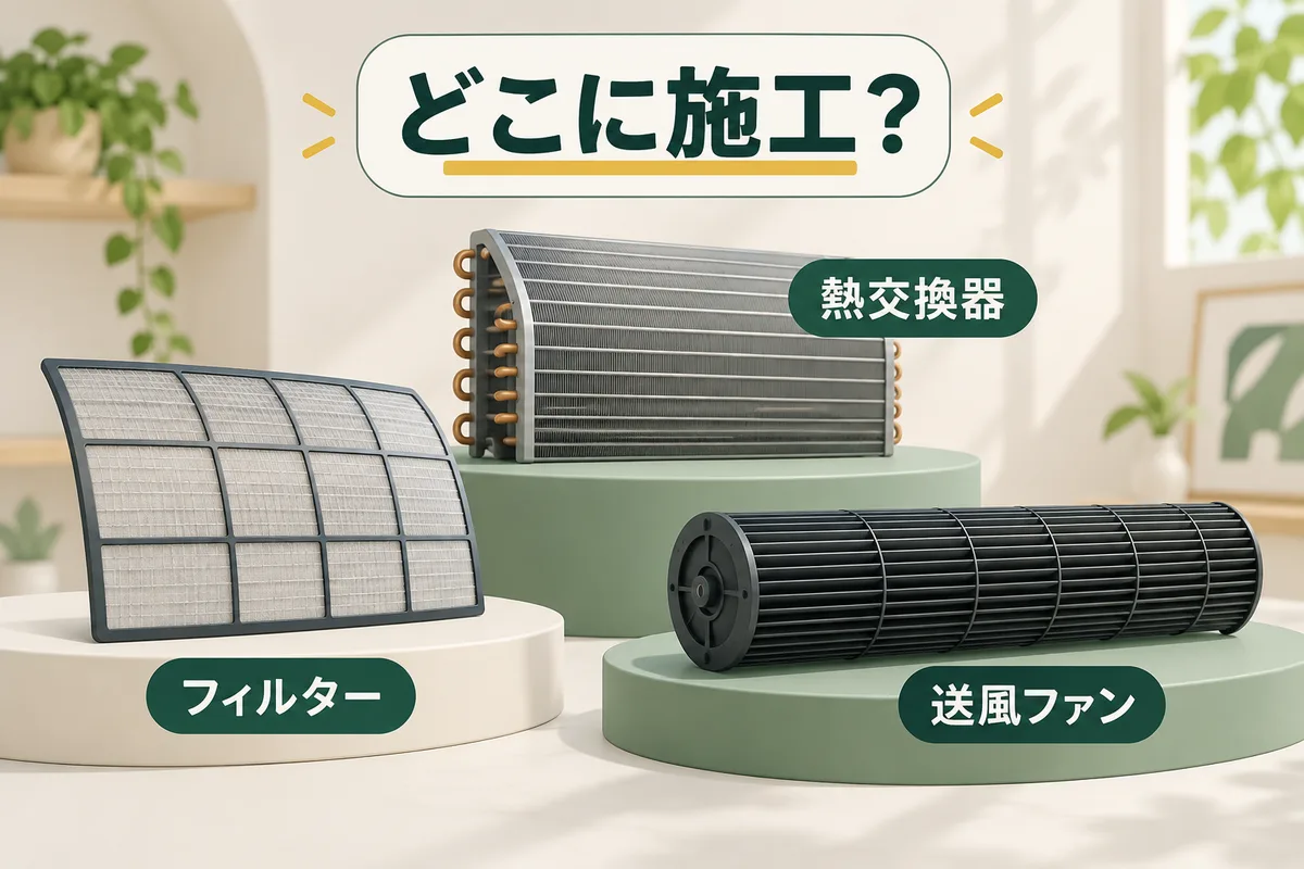 フィルター、熱交換器、送風ファンを分けて施工範囲を確かめる概念図