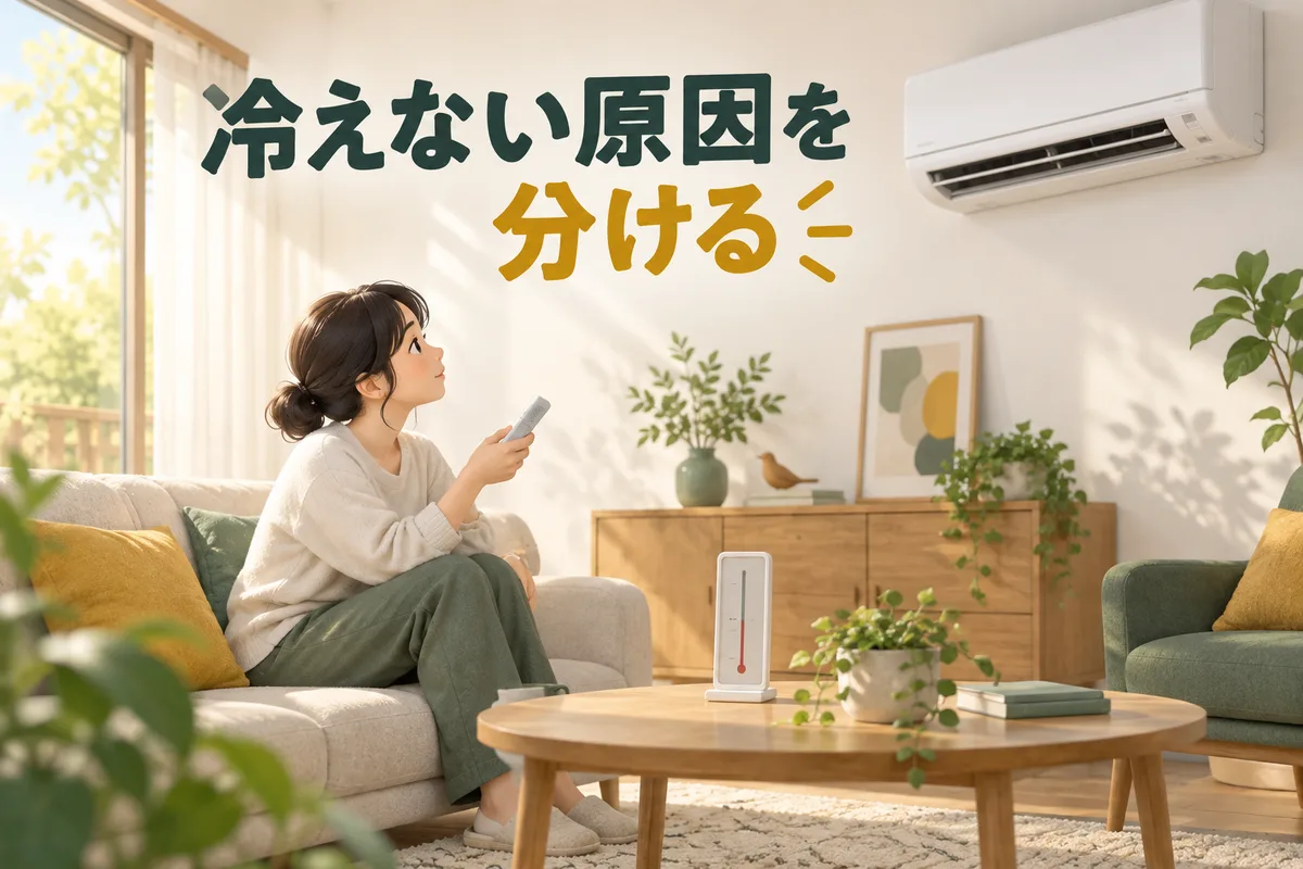 暑さが残る部屋でリモコンと温度計を確認するイラスト