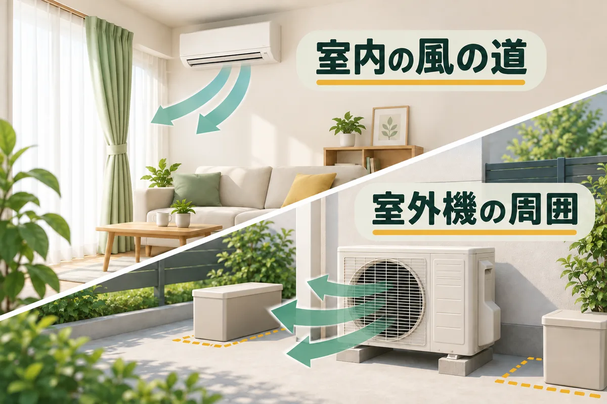 室内の吸込口と室外機周囲の障害物を分けて見る図