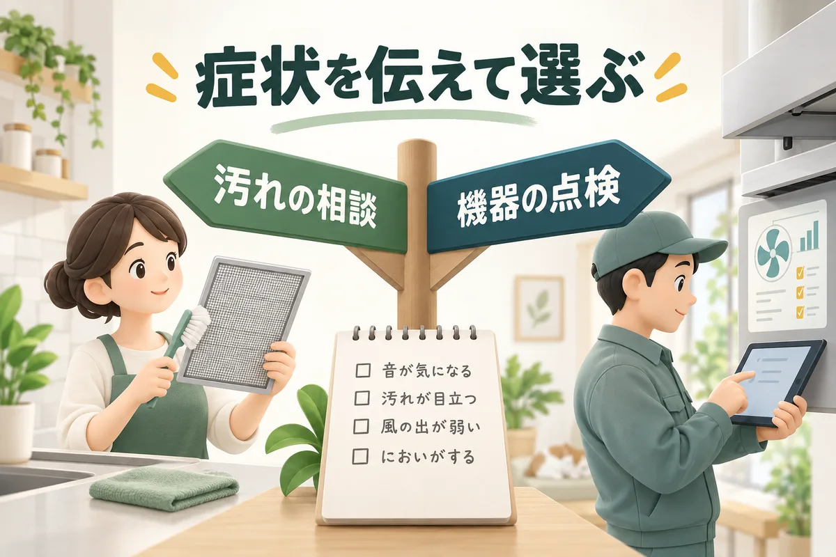 汚れの相談と機器の点検を別の窓口へ分ける図