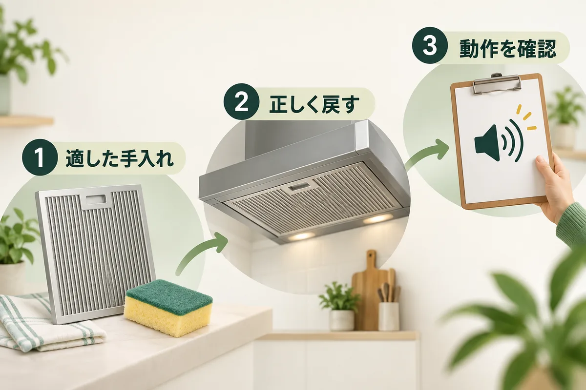 純正部品のお手入れから取付確認と作業記録へ進む図