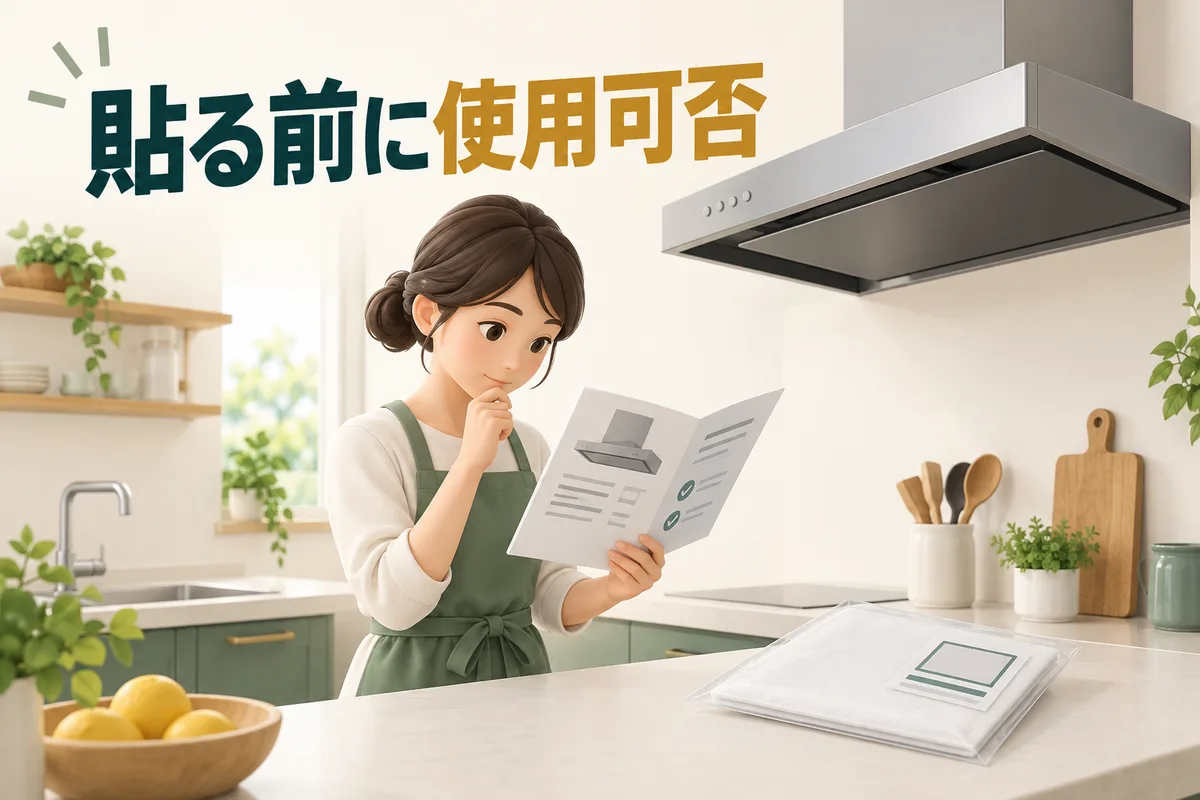 レンジフードの品番と後付けシートの表示を見比べるイラスト