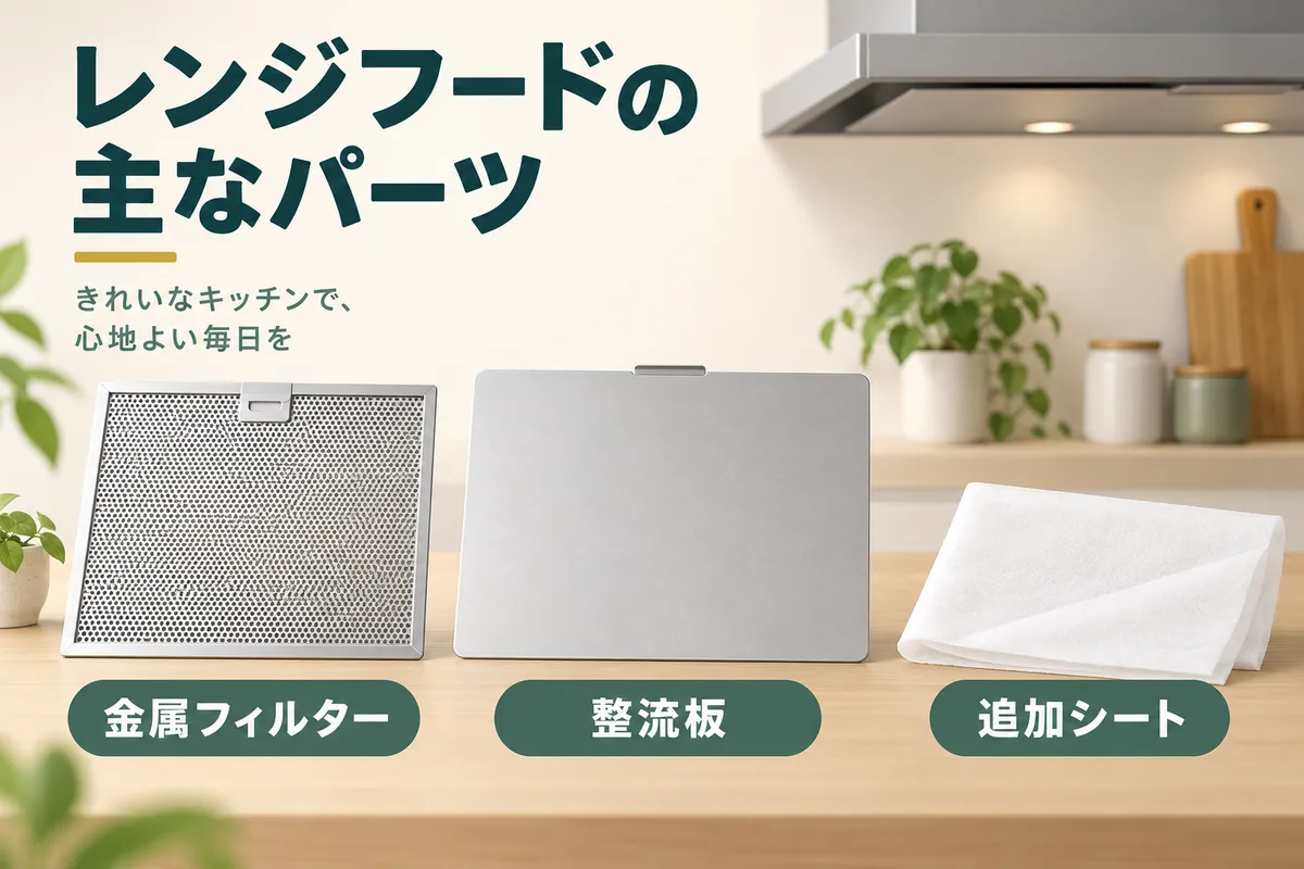 純正の金属フィルター、整流板、後付け不織布を別々に示す図